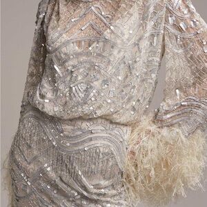 ASOS Design Sequin and Feather mini wedding Dress in ivory